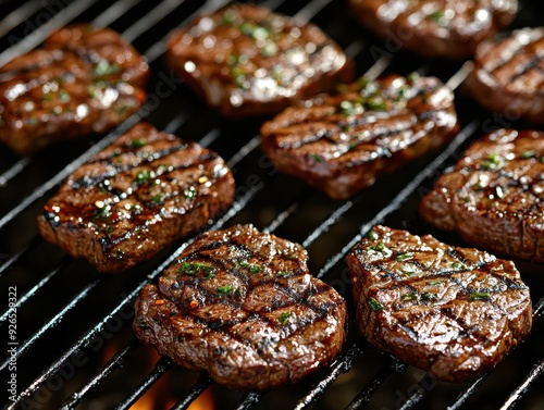 Grilled steak in a bar, dark green tones, depth of field effect, high definition photography, fine details, warm color tones.