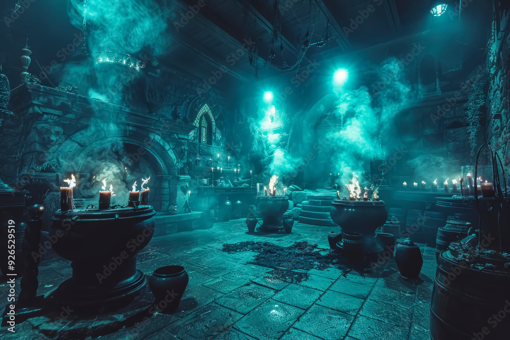 Halloween. A witch's house surrounded by boiling cauldrons and magical artifacts. Creepy green smoke billows from the cauldrons. Gnarled trees and cobwebs frame the scene. Halloween. A witch's house surrounded by boiling cauldrons and magical artifacts. Creepy green smoke billows from the cauldrons. Gnarled trees and cobwebs frame the scene.