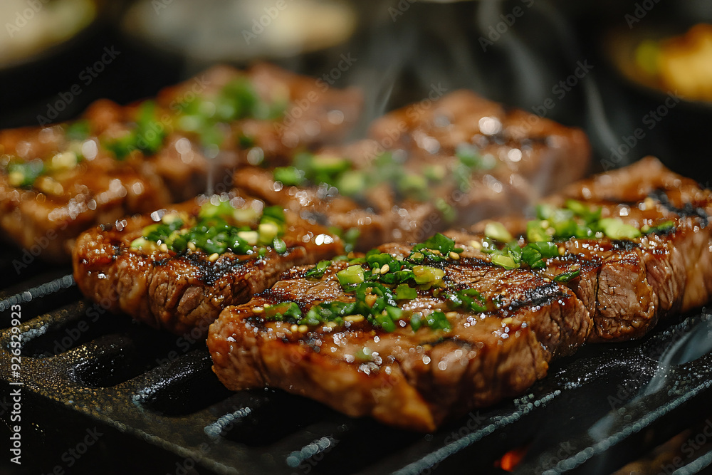 Grilled steak in a beautiful asian bar, dark green tones Grilled steak in a beautiful asian bar, dark green tones