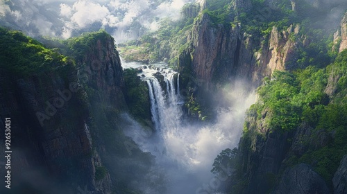 Aerial perspective of a roaring waterfall emerging from rocky cliffs, surrounded by lush greenery and mist.