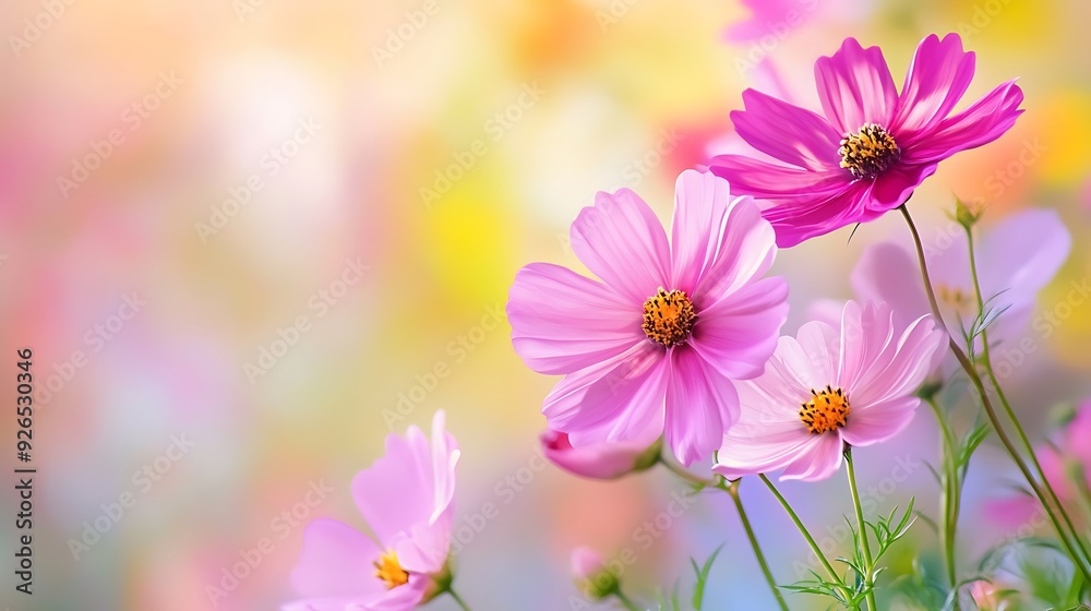 Close-up of pink cosmos flowers with blurred colorful background. Close-up of pink cosmos flowers with blurred colorful background.