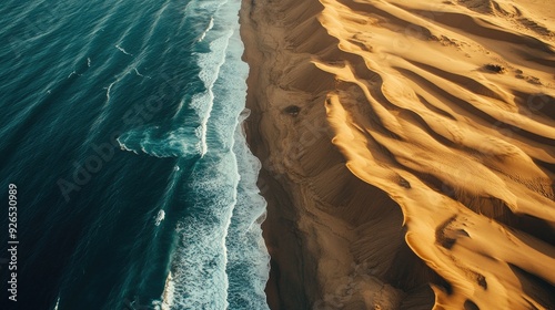 Aerial perspective of the shoreline, where the ocean blue waters contrast with the golden sand and natural dunes.