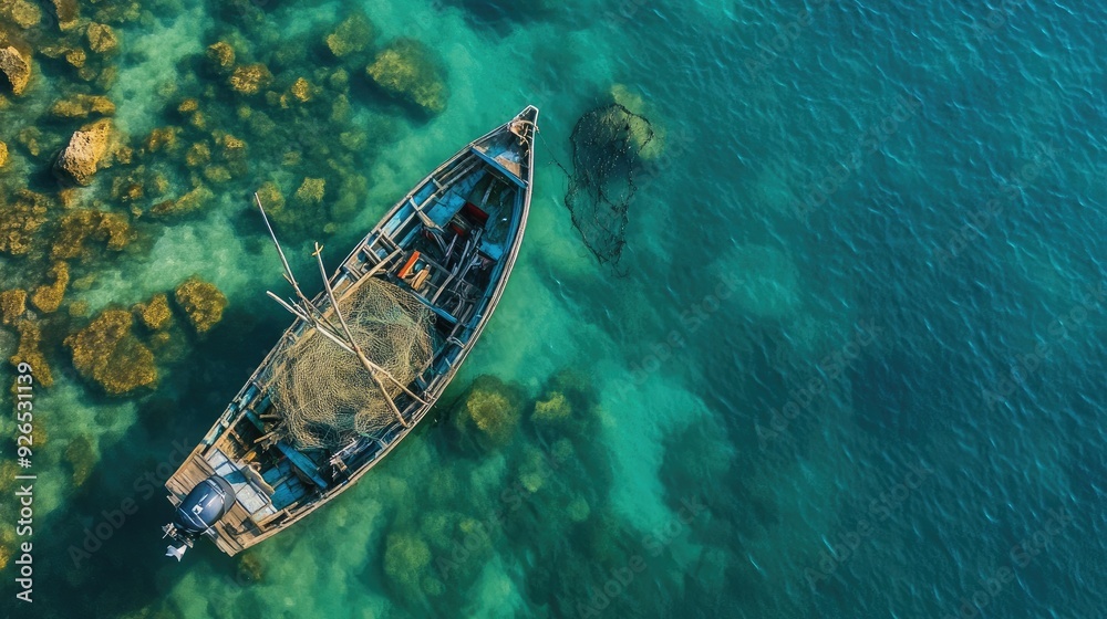 Aerial view of a solitary fishing boat with a large net, floating in the calm blue waters of Tuy An, Vietnam. Aerial view of a solitary fishing boat with a large net, floating in the calm blue waters of Tuy An, Vietnam.