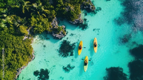 Aerial shot of Bacalar Lagoon with SUPs gliding over the crystal-clear water, surrounded by stromatolites in Bacalar, Mexico.
