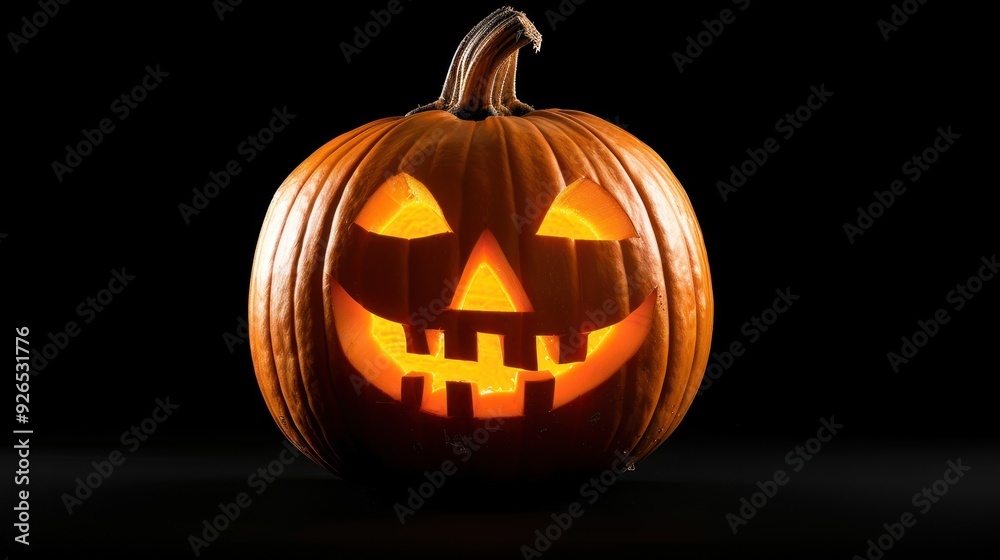 Fototapeta premium A happy-faced pumpkin, lit up from inside.