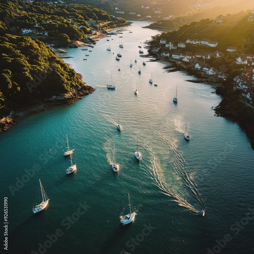 Aerial shot of Salcombe Harbour, with Snapes Point and white boats creating a picturesque scene in the tranquil waters of Kingsbridge Estuary, England