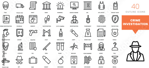 Set of minimalist linear crime investigation icons. Vector illustration