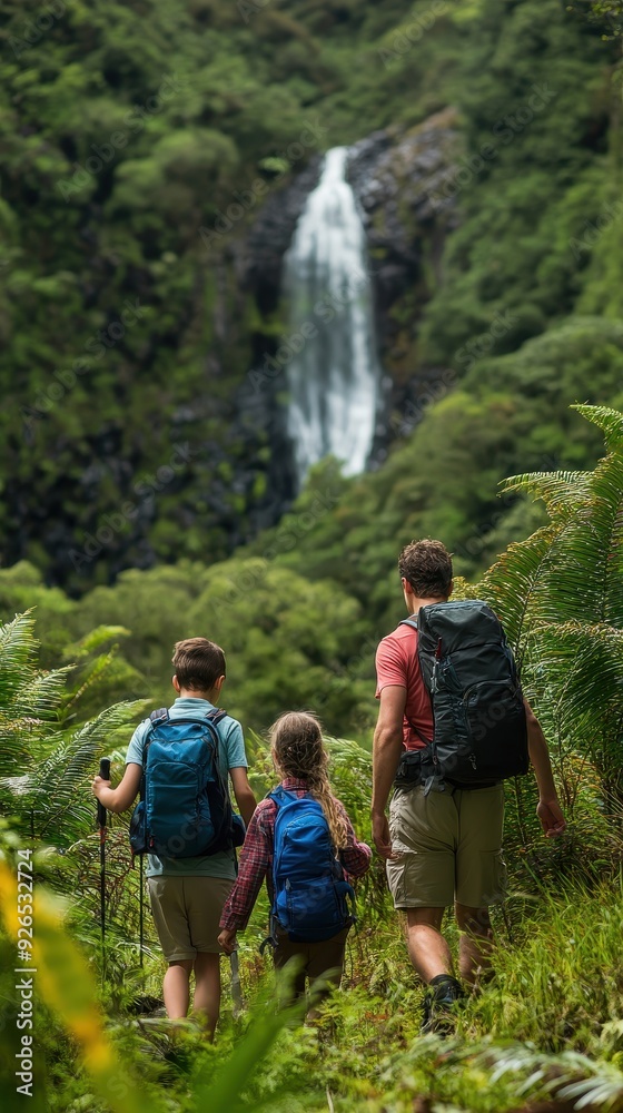 A family explores nature, walking toward a beautiful waterfall surrounded by vibrant greenery A family explores nature, walking toward a beautiful waterfall surrounded by vibrant greenery