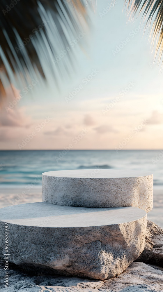 3D Illustration of a Grey Rock Podium on a Rock Platform, Serving as a Product Display Stand with a Blurred Tropical Beach and Natural Scenery in the Background. 3D Illustration of a Grey Rock Podium on a Rock Platform, Serving as a Product Display Stand with a Blurred Tropical Beach and Natural Scenery in the Background.