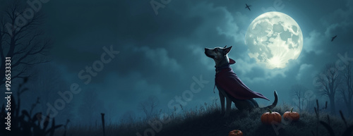 Dog with cape howling mysteriously at full moon against spooky night sky photo