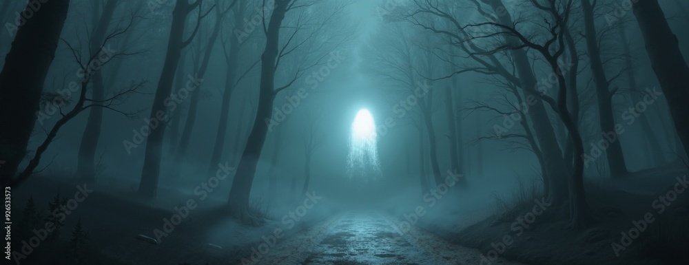 Fototapeta premium Ghostly apparition with eerie glow floating through misty forest at night