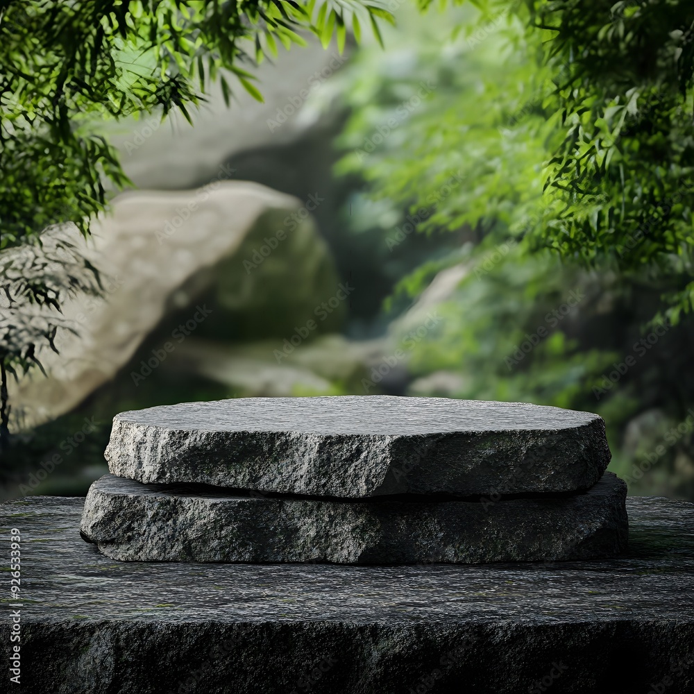 3D Illustration of a Grey Rock Podium on a Rock Platform, Designed as a Product Display Stand with a Blurred Green Forest and Natural Scenery in the Background.