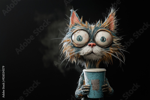 grumpy disheveled scruffy cat caricature holding coffee illustration
