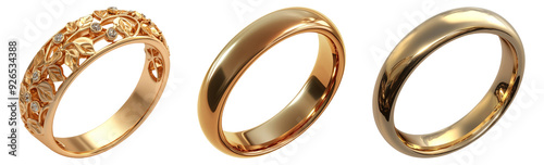 Elegant golden wedding rings set isolated on transparent background with luxurious shiny design photo