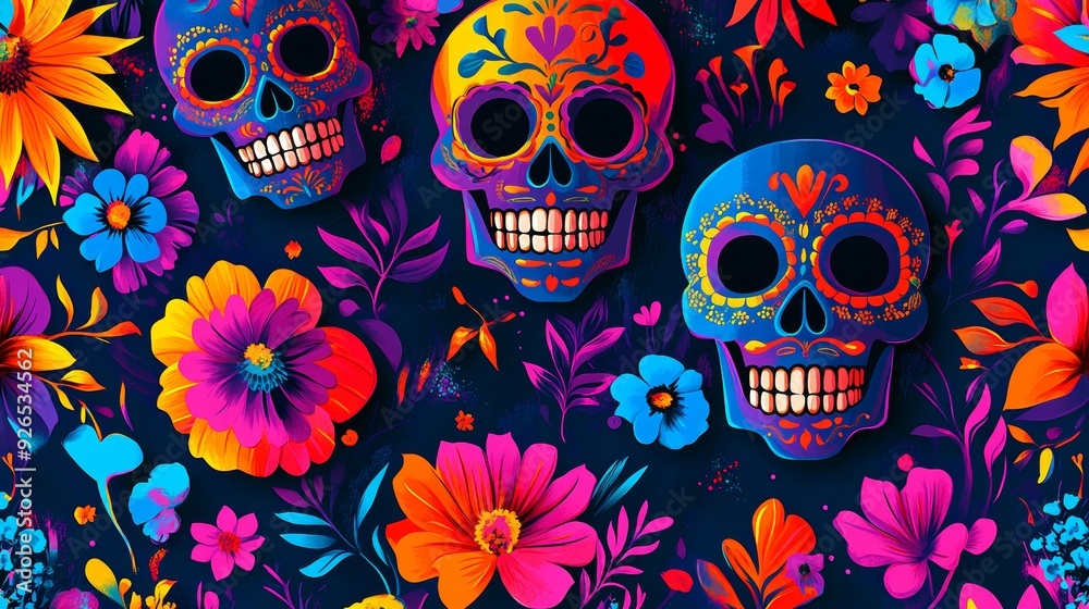 Colorful Día de los Muertos sugar skulls and flowers on dark background - Mexican tradition - festive imagery - cultural celebration Colorful Día de los Muertos sugar skulls and flowers on dark background - Mexican tradition - festive imagery - cultural celebration