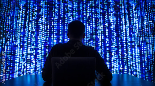 Silhouette of a Man Sitting in Front of a Large Screen with Blue Abstract Background