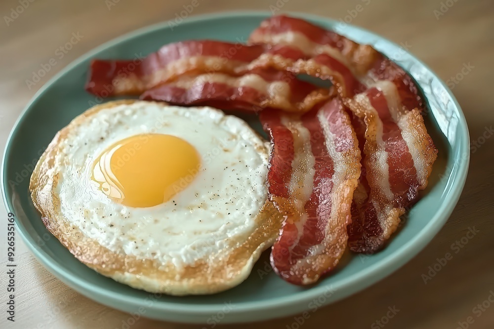 Delicious breakfast plate featuring crispy bacon and a perfectly fried egg on a green dish, ideal for food photography. Delicious breakfast plate featuring crispy bacon and a perfectly fried egg on a green dish, ideal for food photography.