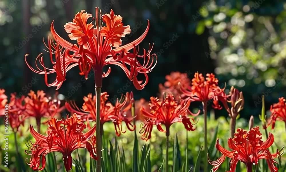The Lycoris radiata is a striking red flower that grows in neat rows in the sun. Next to these rows, there are similar rows of flowers, forming a hill of Lycoris radiata flowers. The Lycoris radiata is a striking red flower that grows in neat rows in the sun. Next to these rows, there are similar rows of flowers, forming a hill of Lycoris radiata flowers.