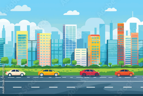 road in front of multi-storey buildings with city landscape