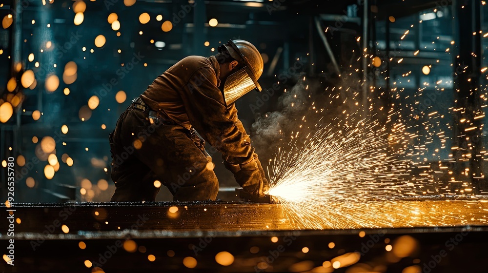 An industrial workshop scene with a worker grinding a large metal plate, the sparks adding drama and highlighting the physical effort and skill involved. An industrial workshop scene with a worker grinding a large metal plate, the sparks adding drama and highlighting the physical effort and skill involved.