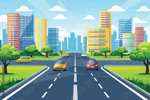 road in front of multi-storey buildings with city landscape
