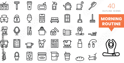 Set of minimalist linear morning routine icons. Vector illustration