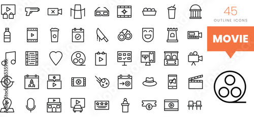 Set of minimalist linear movie icons. Vector illustration