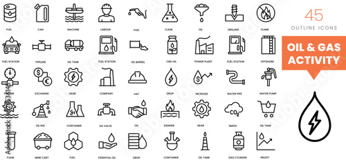 Set of minimalist linear offshore oil and gas activity icons. Vector illustration
