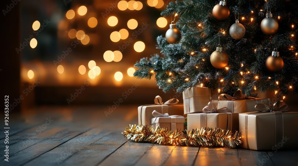 A Christmas tree with shimmering tinsel, glowing lights, and carefully wrapped presents underneath, warm and festive, traditional holiday feel, digital art A Christmas tree with shimmering tinsel, glowing lights, and carefully wrapped presents underneath, warm and festive, traditional holiday feel, digital art