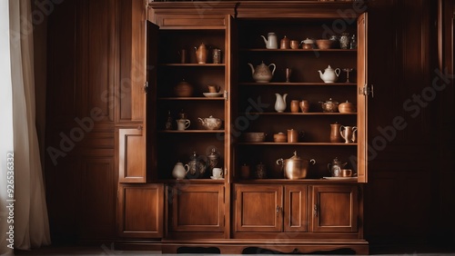 A wooden cupboard placed in the room filled with items - Generative AI.