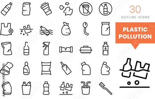 Set of minimalist linear plastic pollution icons. Vector illustration