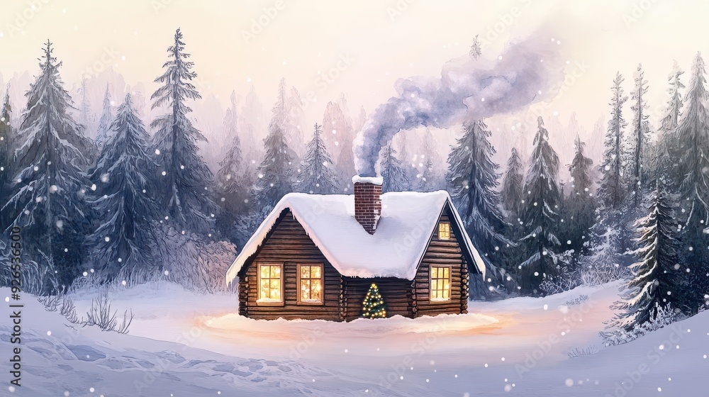 A cozy winter cabin in a snowy forest, smoke curling from the chimney, Christmas lights twinkling, serene and peaceful, warm tones, watercolor style A cozy winter cabin in a snowy forest, smoke curling from the chimney, Christmas lights twinkling, serene and peaceful, warm tones, watercolor style