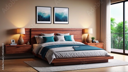 modern bedroom interior with paintings and lamps in the room - Generative AI.