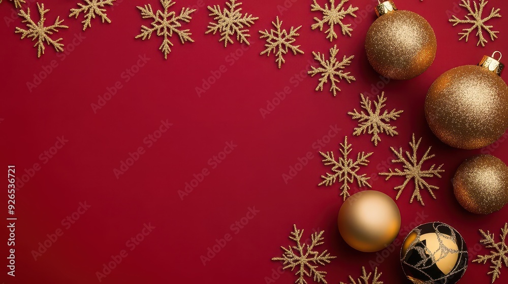 A festive holiday background with shimmering snowflakes, golden ornaments, and a rich red backdrop, elegant and luxurious, digital painting A festive holiday background with shimmering snowflakes, golden ornaments, and a rich red backdrop, elegant and luxurious, digital painting