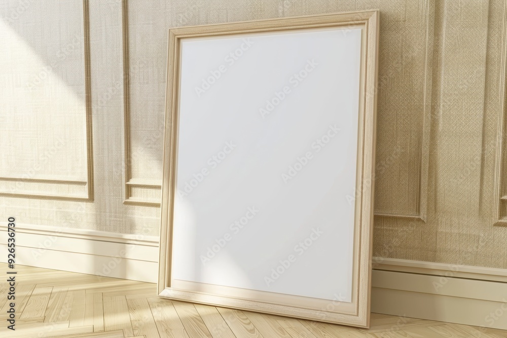 Empty wooden frame leaning against a patterned wall in a sunlit room.