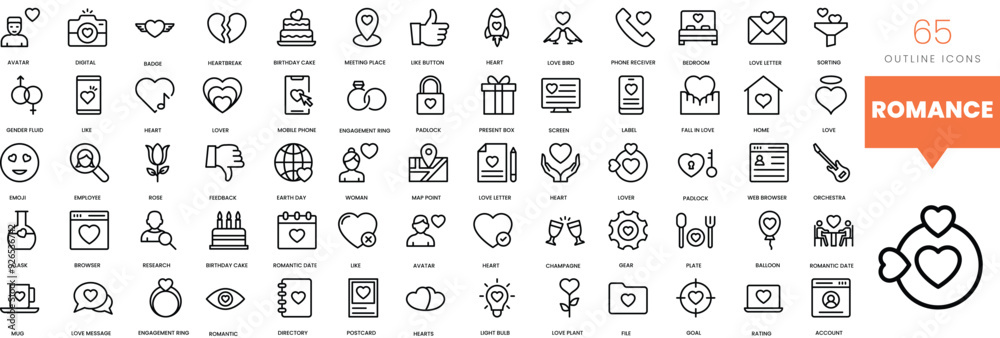 Set of minimalist linear romance and dating app badges icons. Vector illustration Set of minimalist linear romance and dating app badges icons. Vector illustration