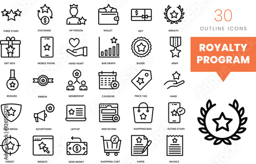 Set of minimalist linear royalty program icons. Vector illustration