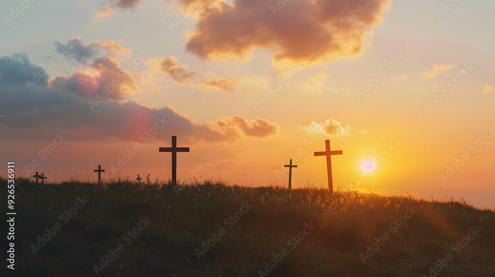Obraz premium wooden crosses on the hill with a sunset background