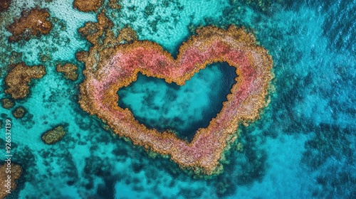 Bird-eye view of Heart Reef, with its distinct shape and vibrant colors set within the Great Barrier Reef, Queensland, Australia.