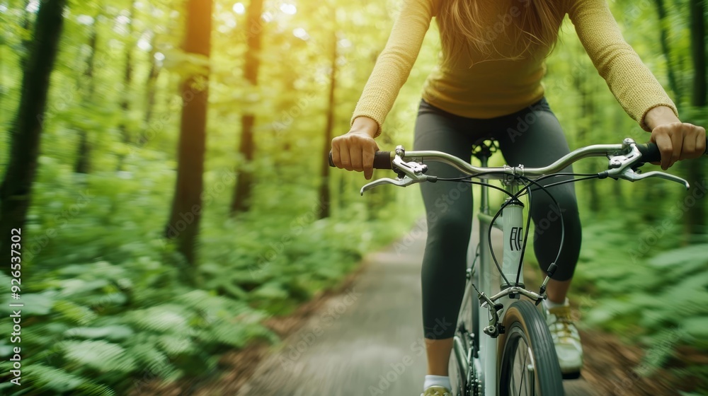 Obraz premium A healthcare campaign featuring a woman cycling through a forest, highlighting the cardiovascular benefits of regular cycling