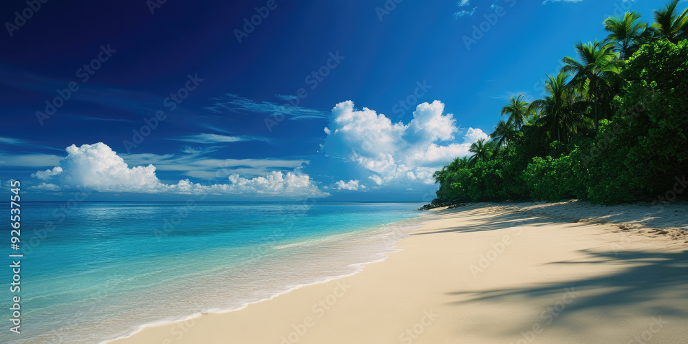 A serene beach scene with clear blue water, white sand, and lush green palm trees under a bright, sunny sky. A serene beach scene with clear blue water, white sand, and lush green palm trees under a bright, sunny sky.