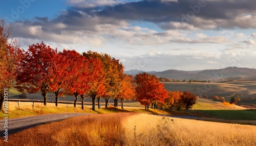 A road runs through a field of autumn leaves