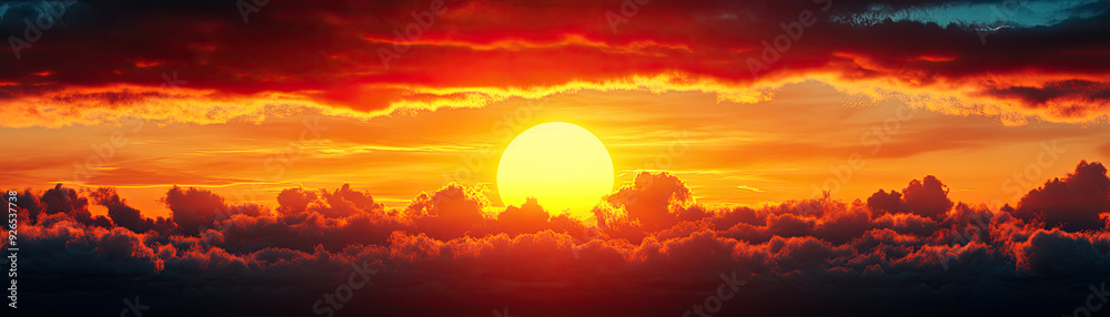 Obraz premium A stunning sunset with vibrant colors lighting up the sky and reflecting off the clouds, creating a peaceful and dramatic scene.