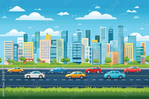 road in front of multi-storey buildings with city landscape