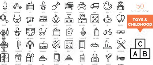 Set of minimalist linear toys and childhood icons. Vector illustration