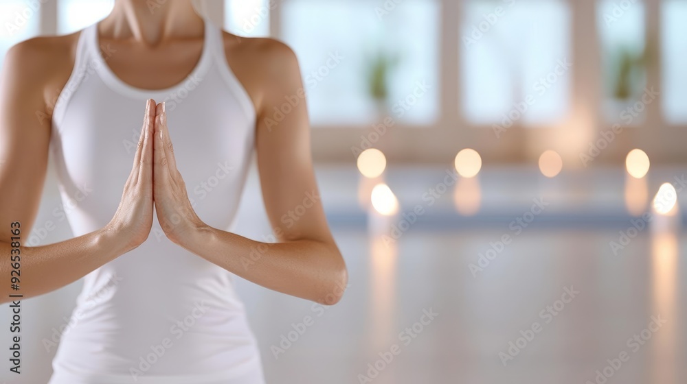 Naklejka premium A healthcare campaign showing a woman practicing deep breathing exercises in a peaceful setting, promoting stress management techniques