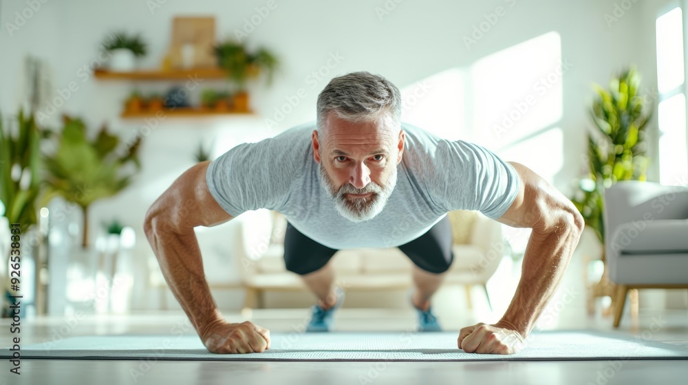 Fototapeta premium A healthcare campaign showing a man doing pushups in his living room, emphasizing the importance of strength training at any age