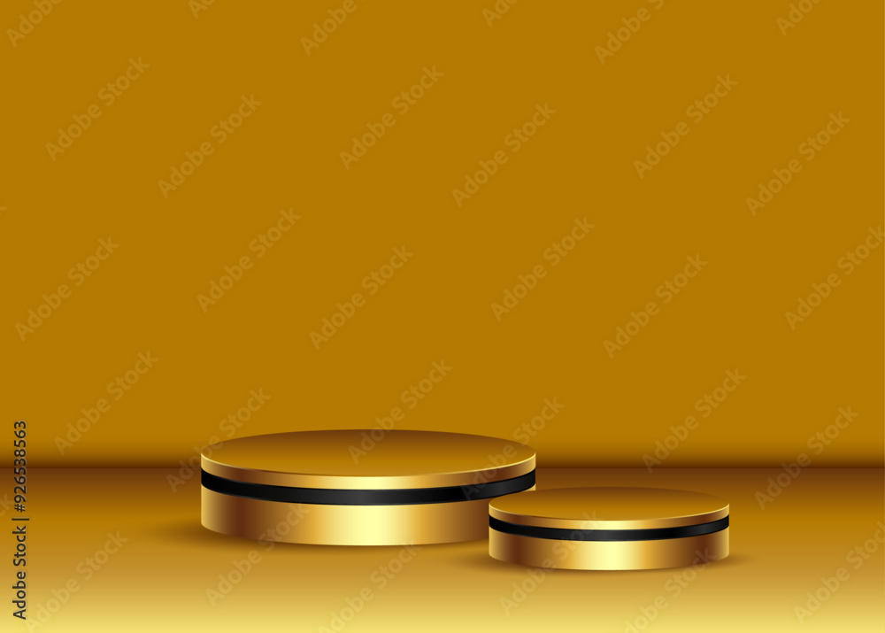 Gold podium or pedestal display on gold background. Blank product shelf standing backdrop Gold podium or pedestal display on gold background. Blank product shelf standing backdrop
