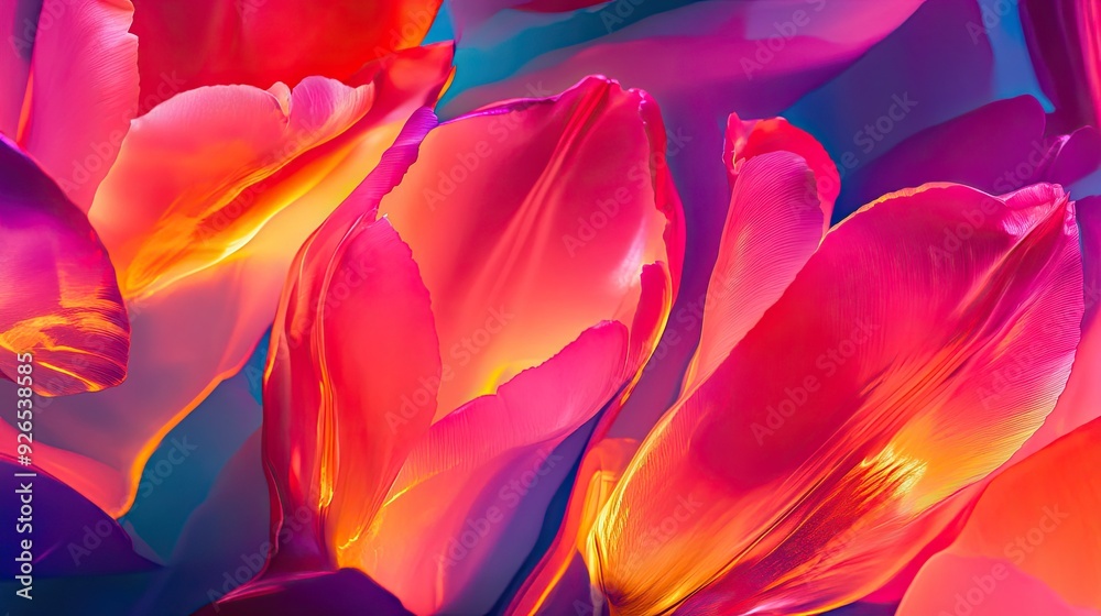 Close-up of tulip petals reflecting the radiant hues of surrounding neon lights, crafting a surreal composition. Close-up of tulip petals reflecting the radiant hues of surrounding neon lights, crafting a surreal composition.