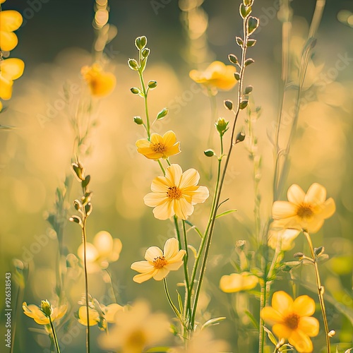 Close-up of delicate yellow flowers blooming in a sunlit meadow, with soft focus on their bright petals